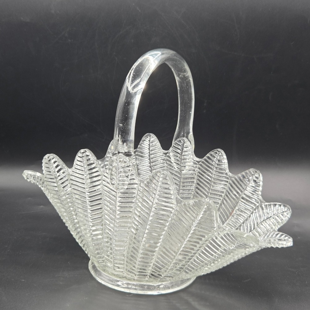 Vintage LE Smith Feather Glass Basket With Handle Herringbone Fern LARGE